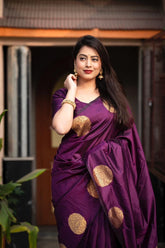 India Silk Purple Sarees Made From Soft Lichi Silk Cloth Combine Traditional Beauty With Exceptional Comfort